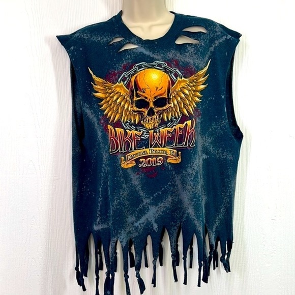 Gildan - 78th 2019 Skull Distressed Fringe Sleeveless Bike Week Daytona Fl Large - Picture 3 of 12